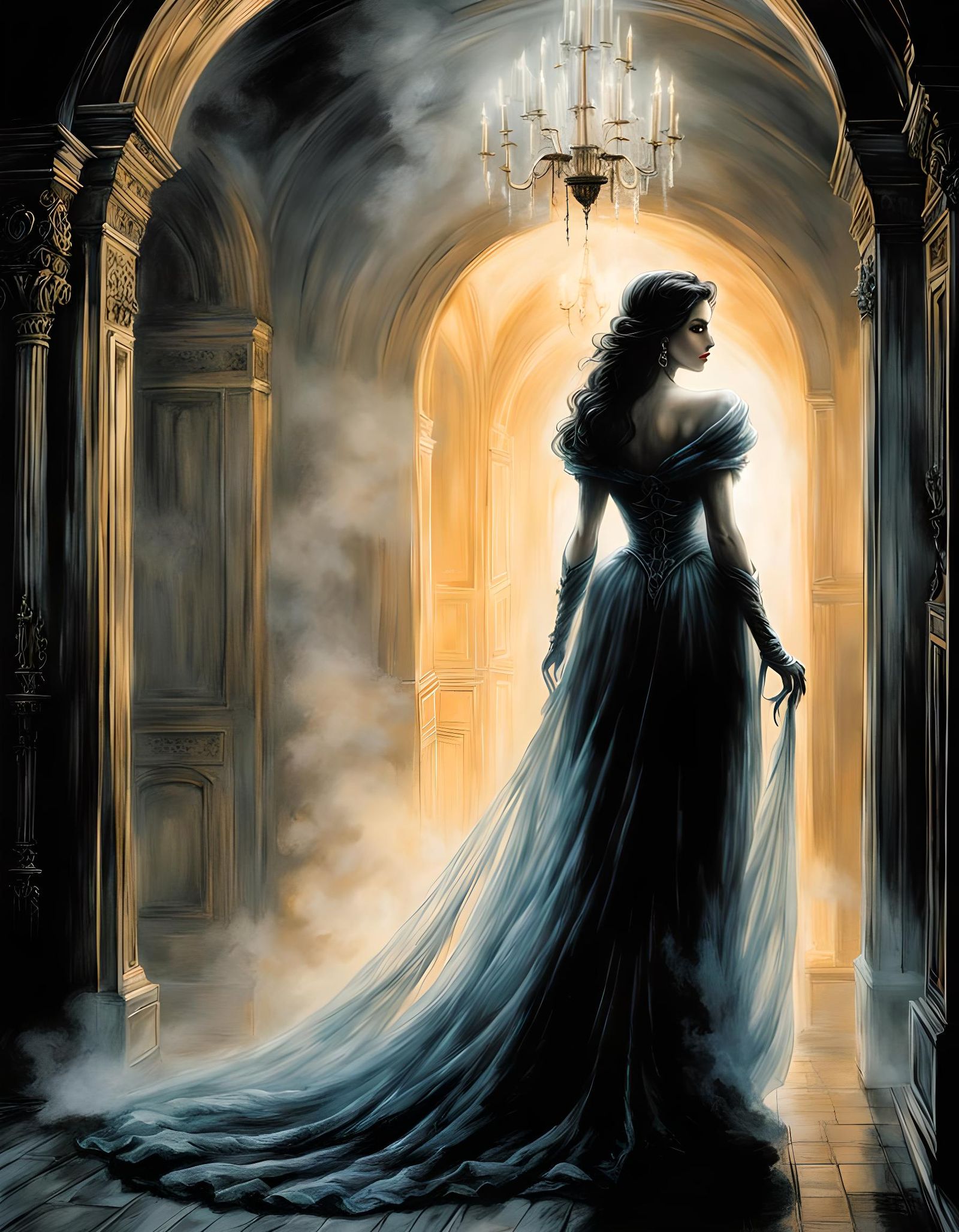 Ghostly Woman Walks Sinister Corridor: Dark Fantasy Art