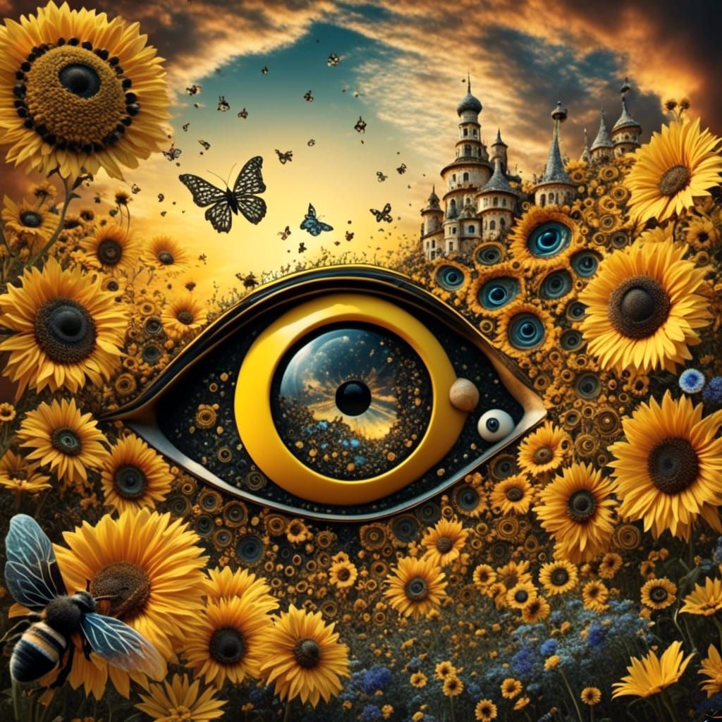 Surreal Eye Above Bumblebee World in Fantasy Sky