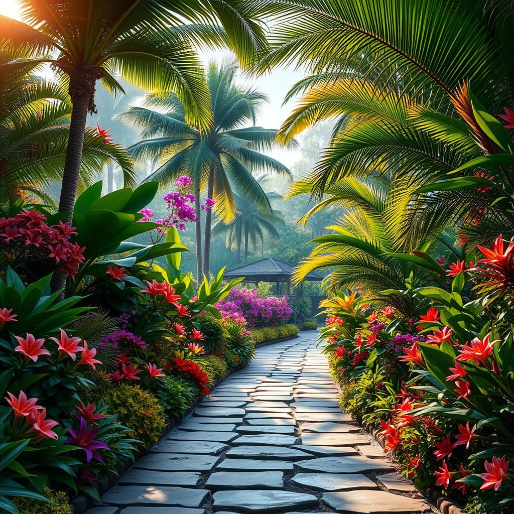 Lush Tropical Garden Scene in Digital Art Style