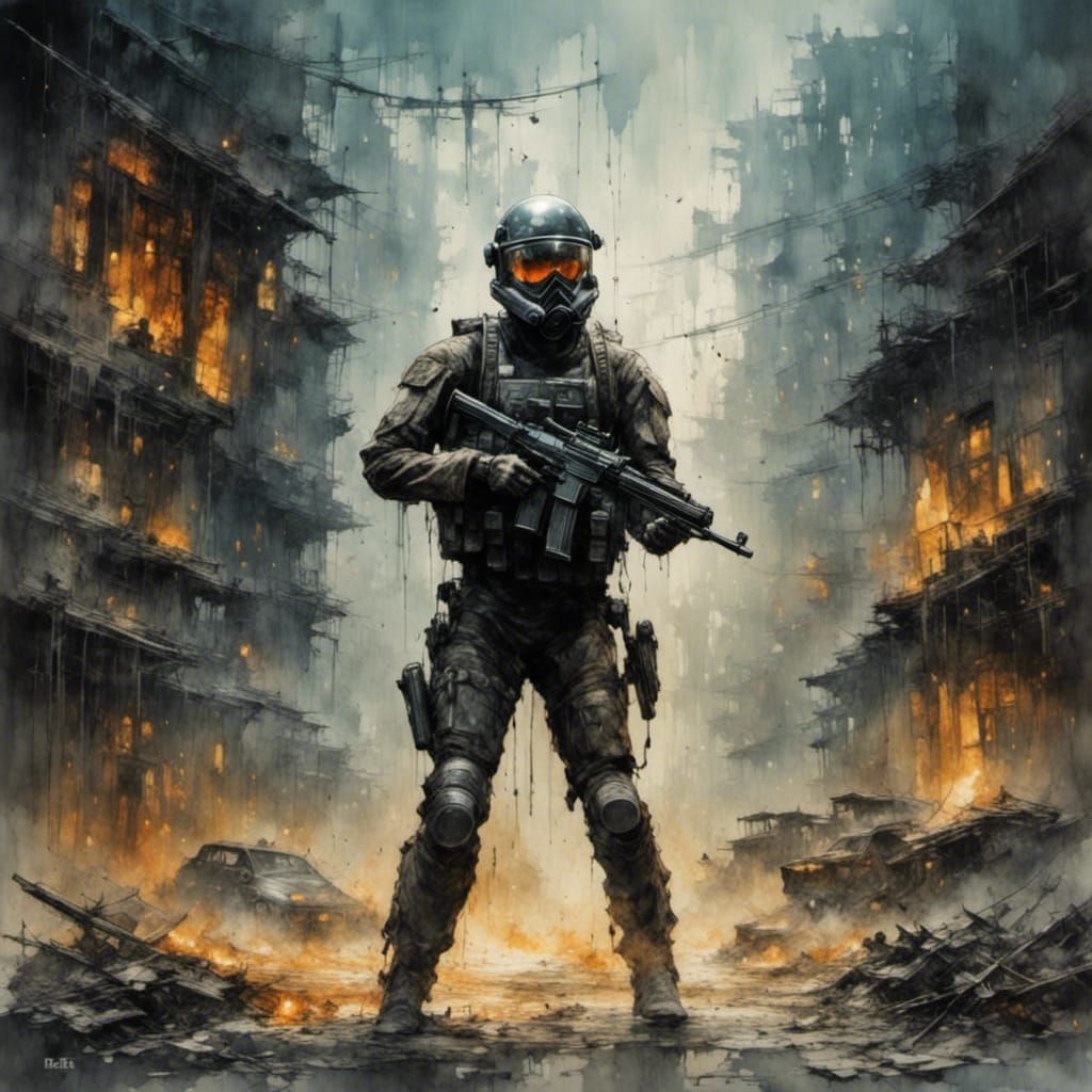 Futuristic Paramilitary Trooper in War Zone