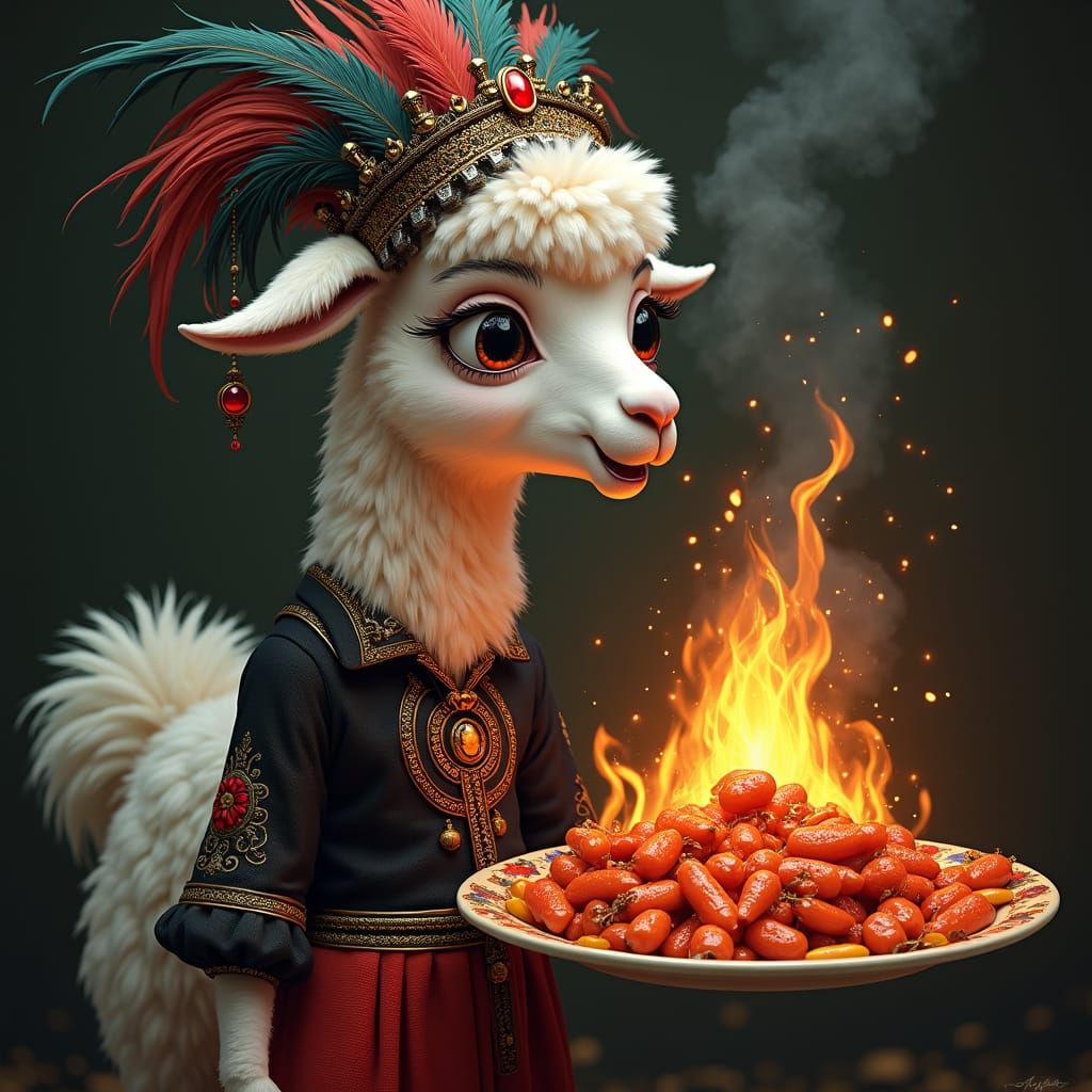 Llama's Spicy Feast in Surreal Style