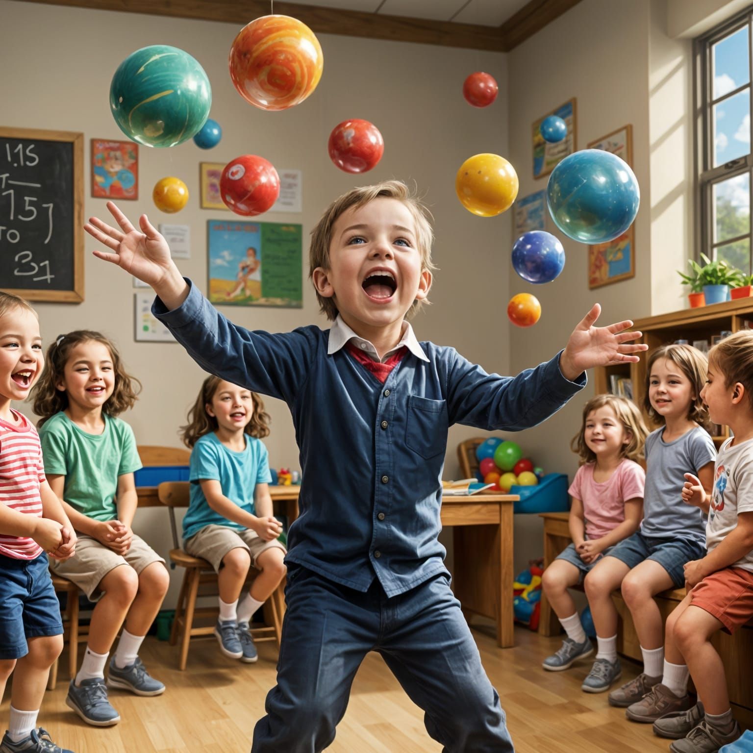 Surrealist Kindergartener Juggles in Whimsical Realism