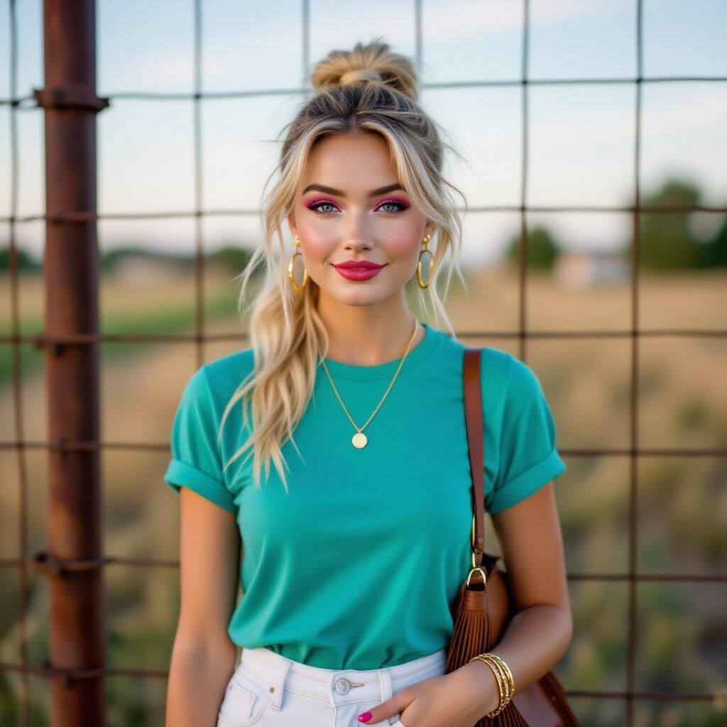 Photorealistic Woman in Teal T-Shirt with Pink Makeup