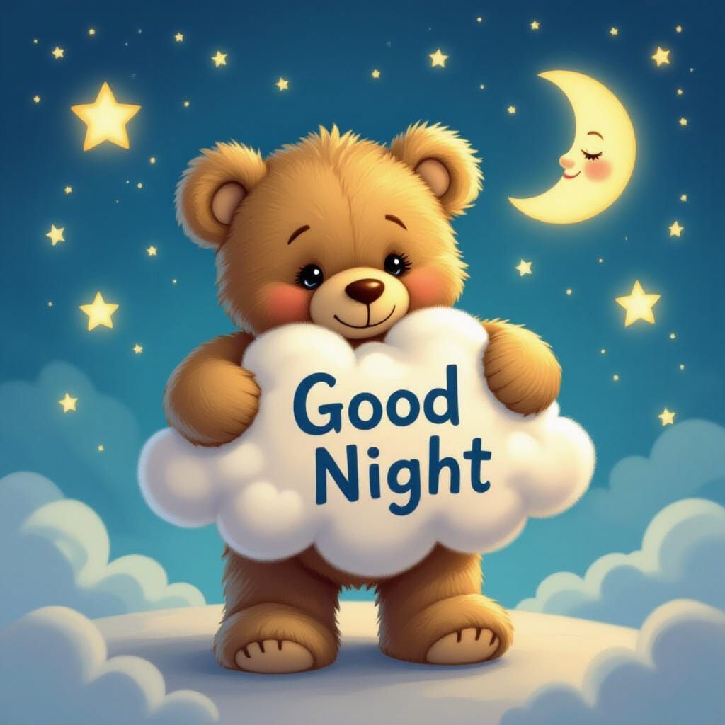 Grumpy Teddy Bear Holding Cloud with 'Good Night' in Whimsic...