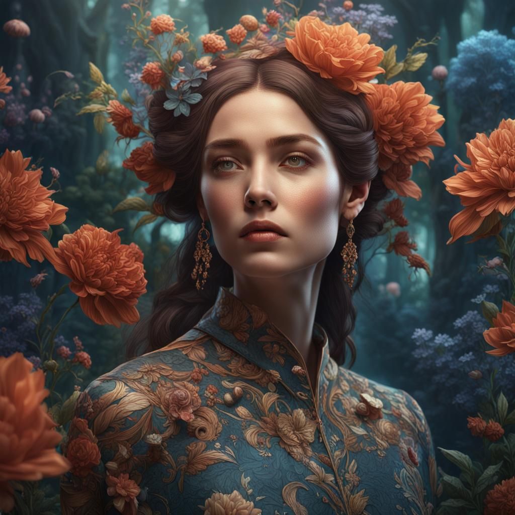 Woman in Botanical Environment: Detailed Digital Art