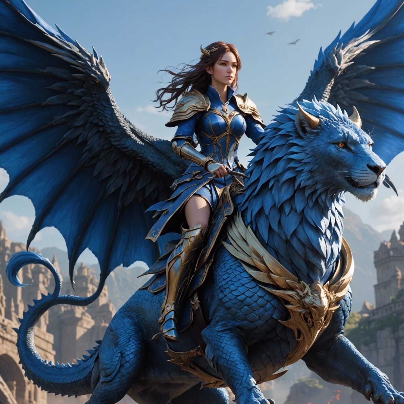 Dragonic Woman Rides Winged Lion: Anime-Inspired 3D Art