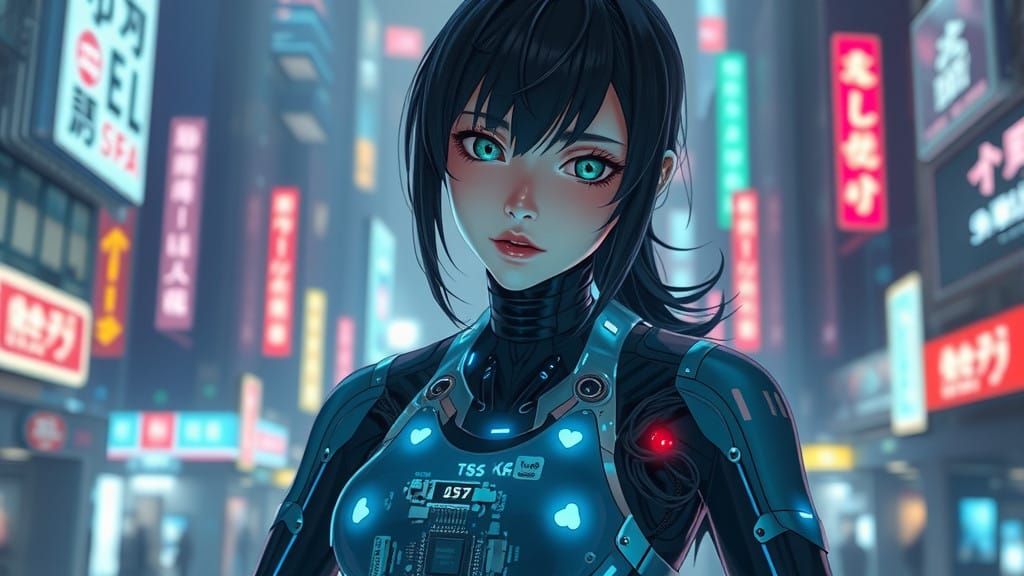 Anime Android in a Cyberpunk Cityscape