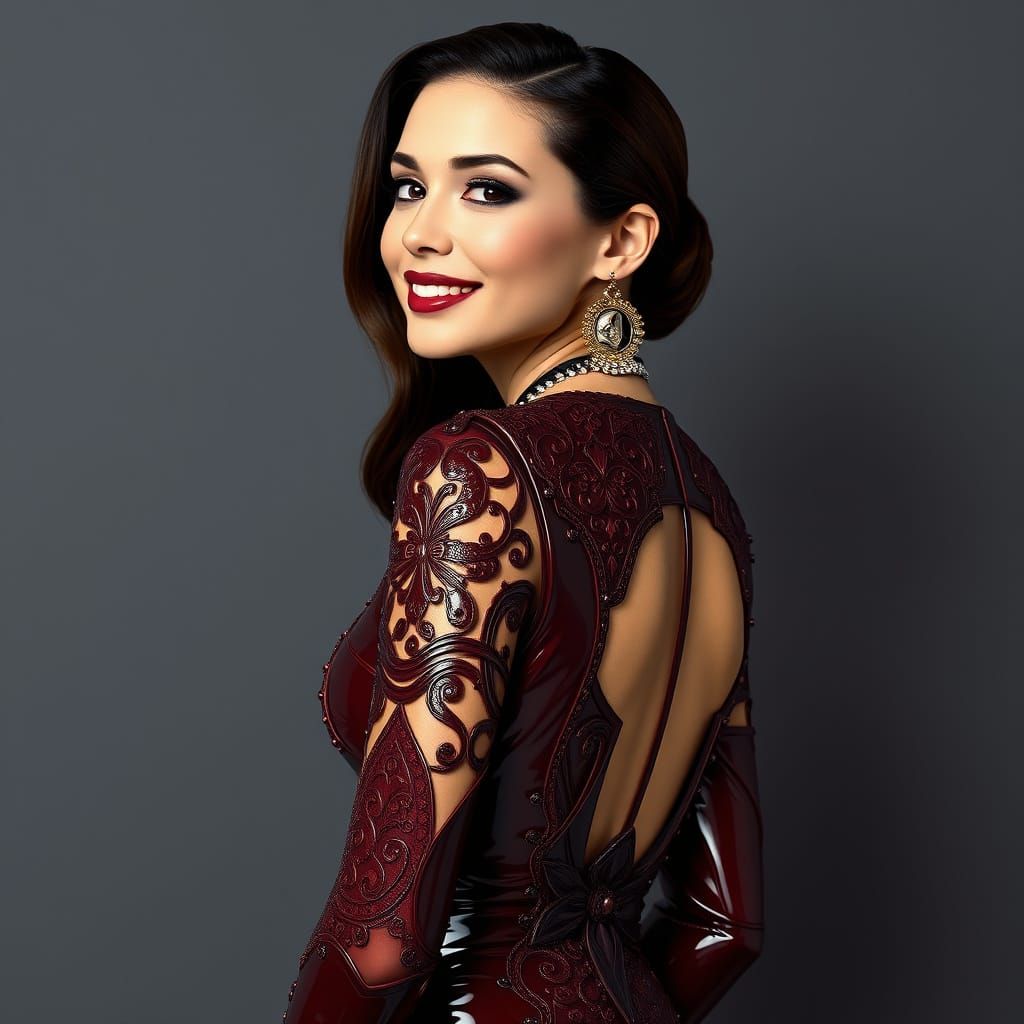 Woman in Burgundy Latex Dress in Futuristic Style