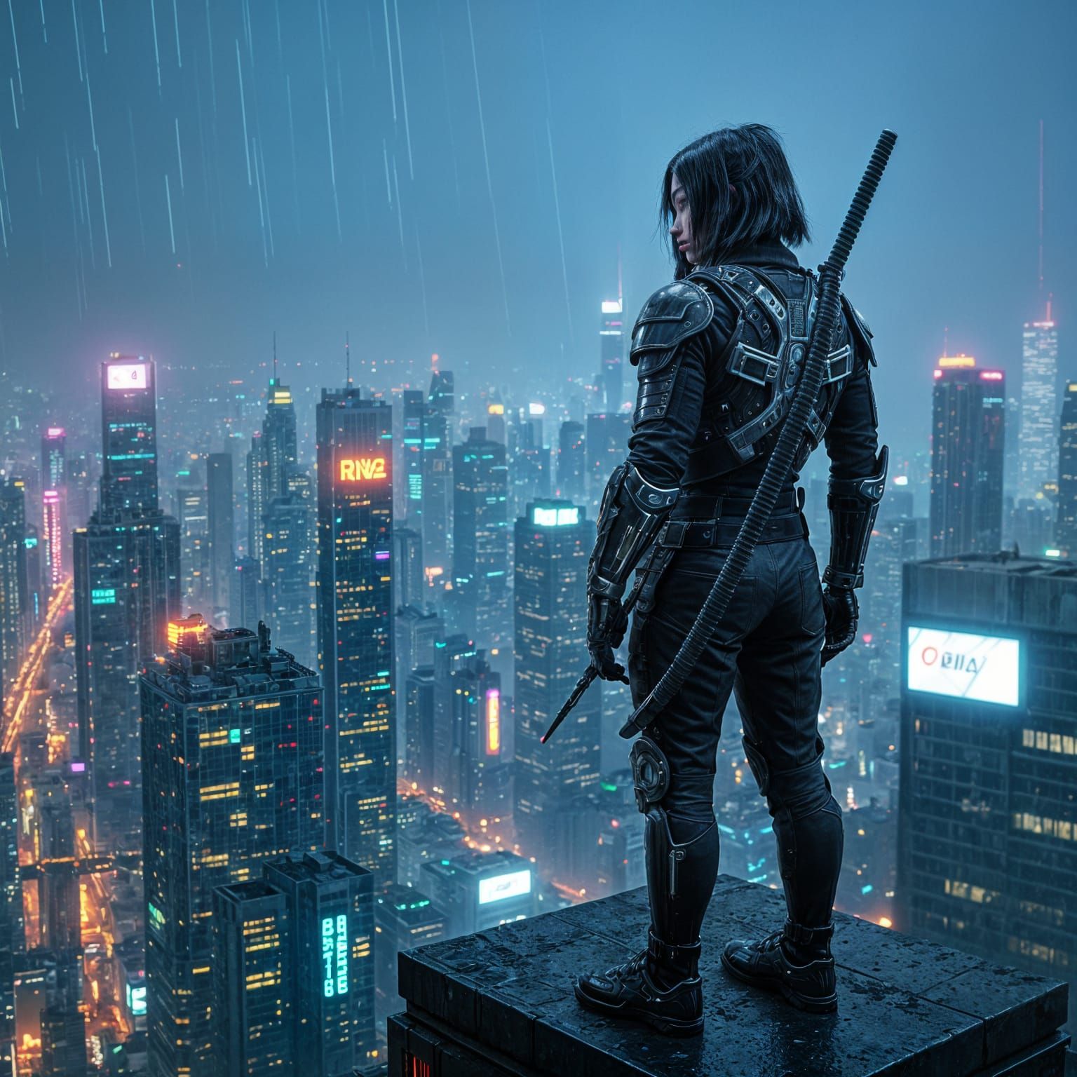 Cyberpunk Ninja Gazing Out Over Neo-Tokyo Cityscape in Rainy...