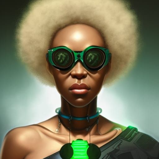 Cyberpunk African Woman Portrait in Green, Detailed Art