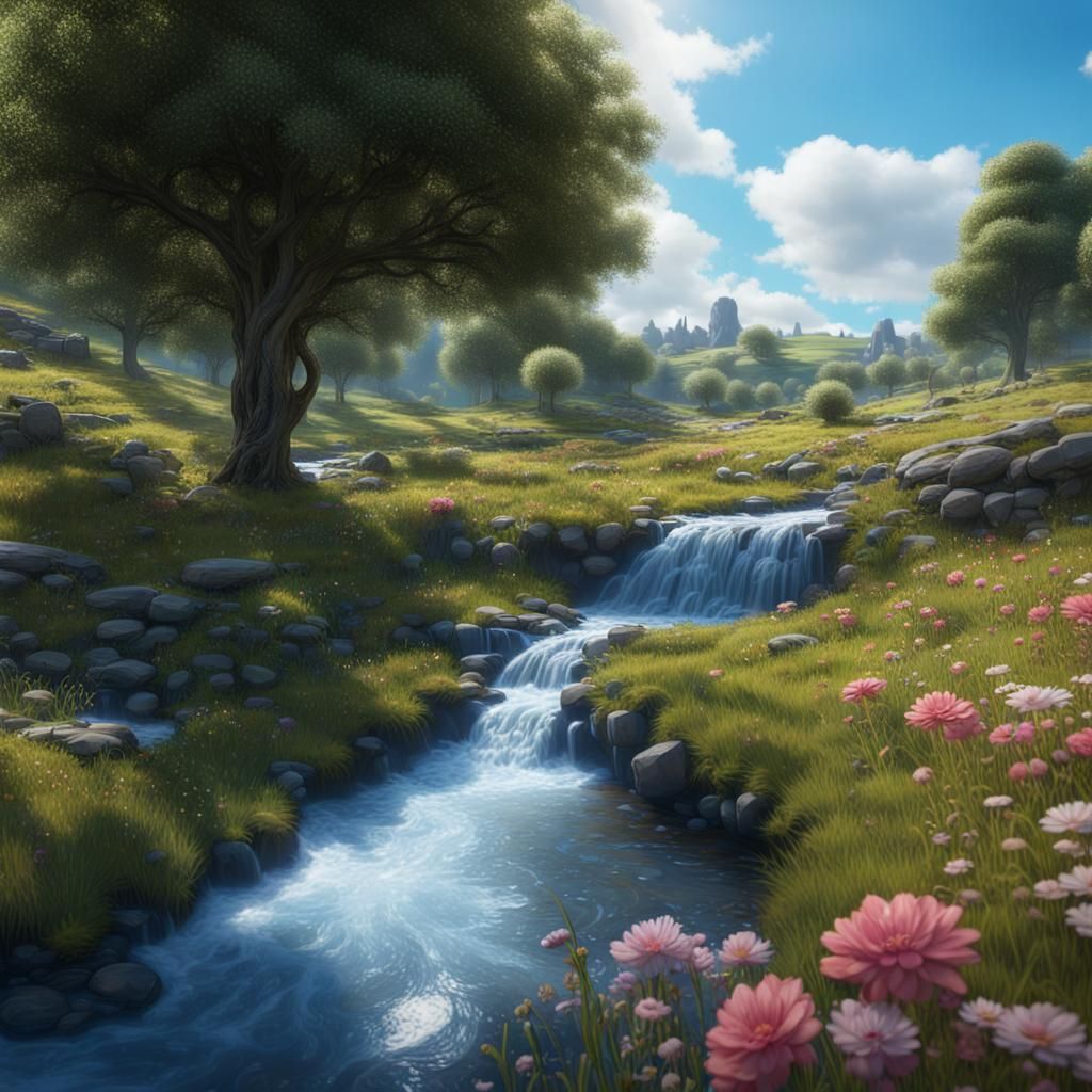 Sunny Meadow Waterfall in Fantasy Landscape Art