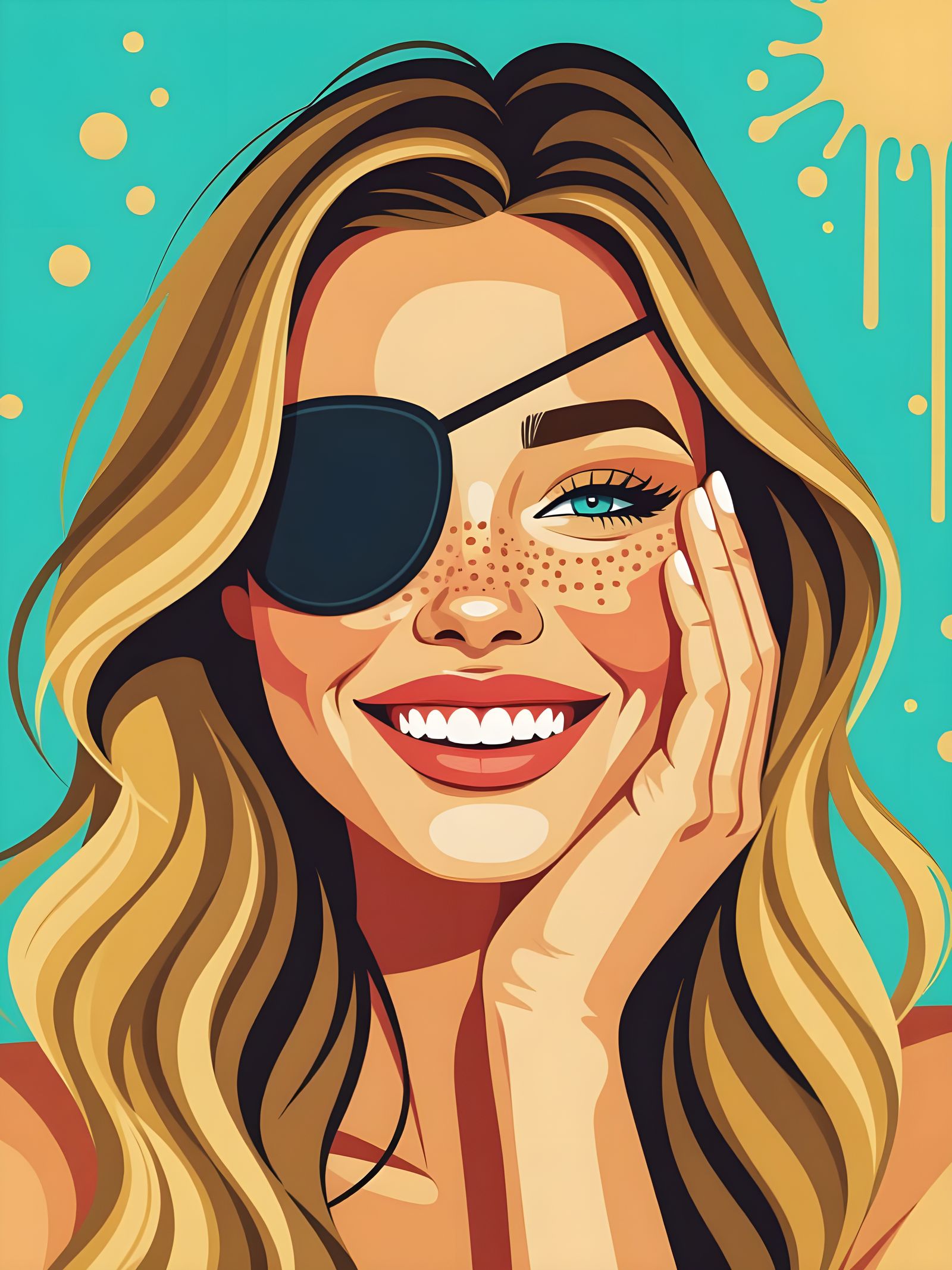 Minimalist Portrait of Smiling Blonde Woman with Eyepatch