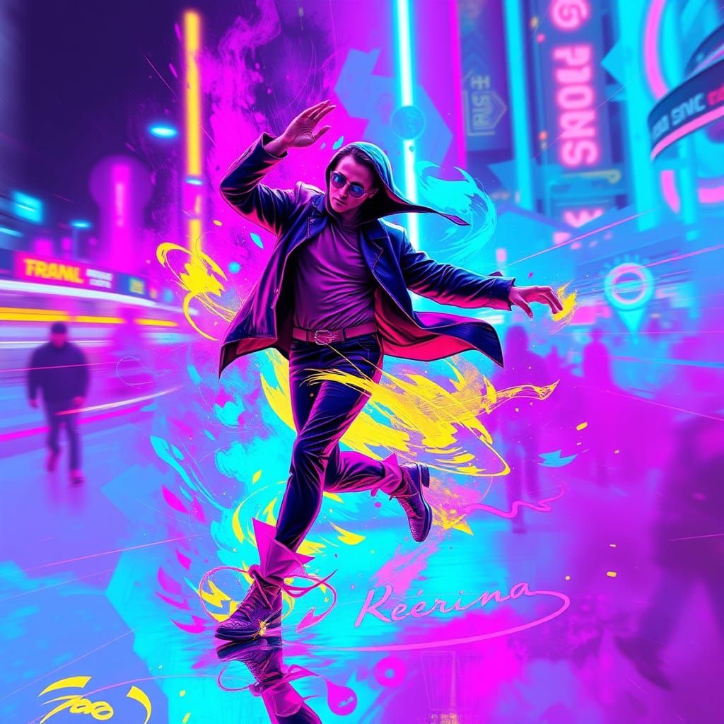 Dynamic Figure Dancing in Bold Neon Hues