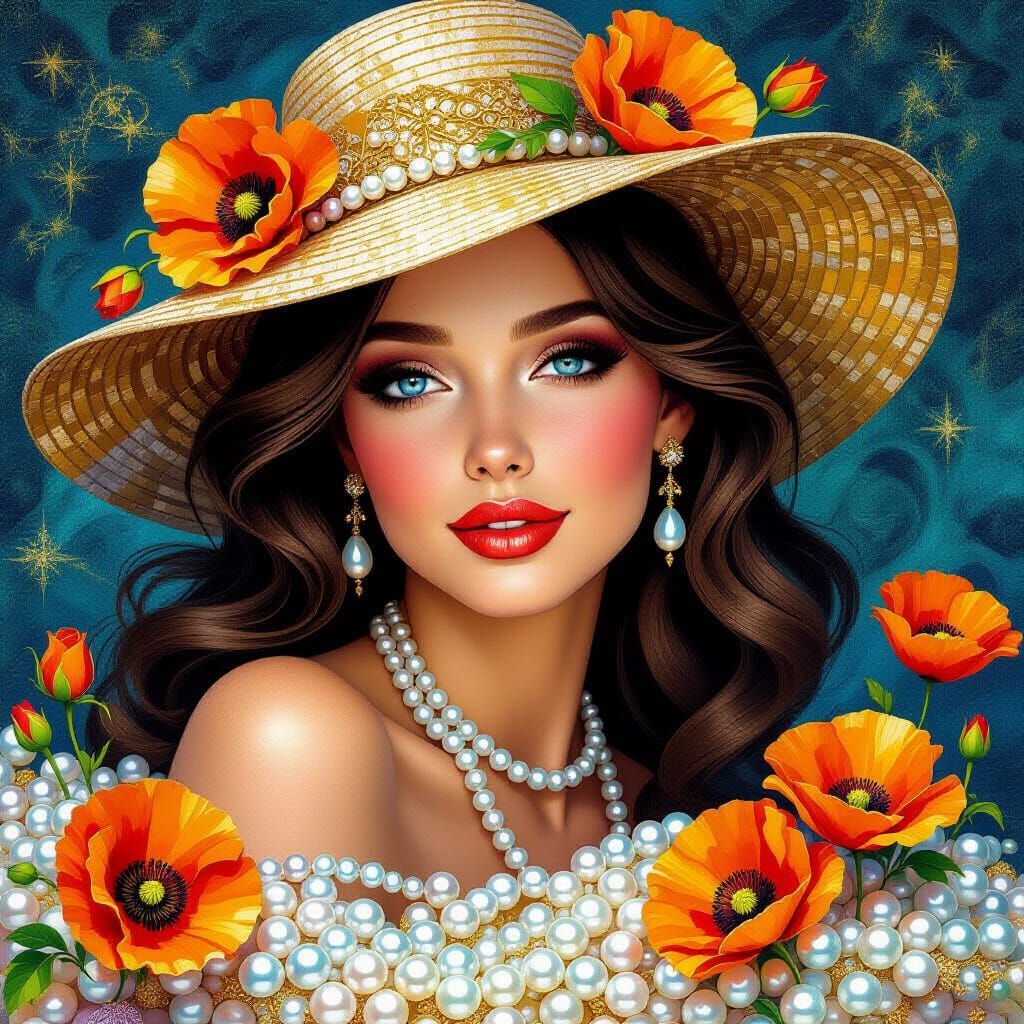 Romantic Fantasy Scene with Pearls and Poppies