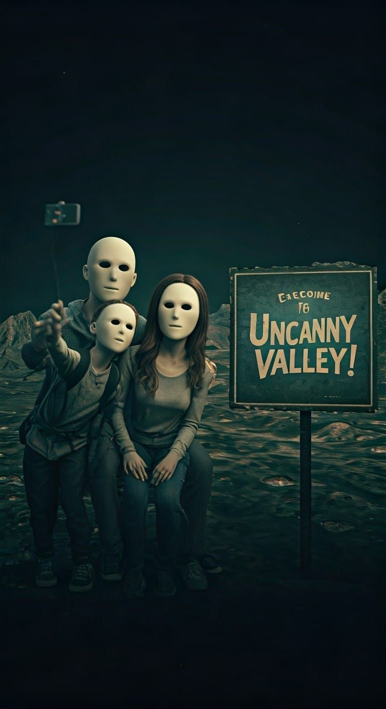 Unsettling Family Selfie in Surreal Uncanny Valley