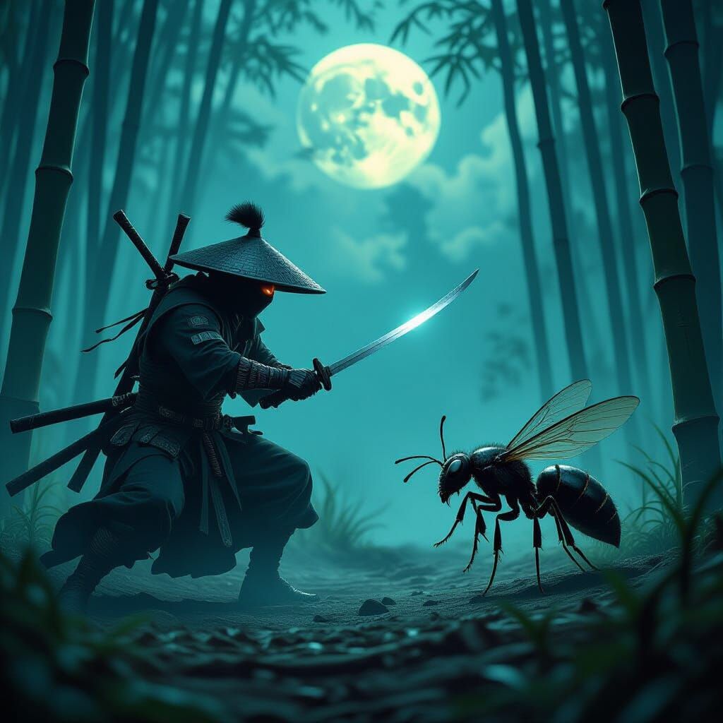 Ninja, Armored Worm, and Ant Battle in Bamboo Forest