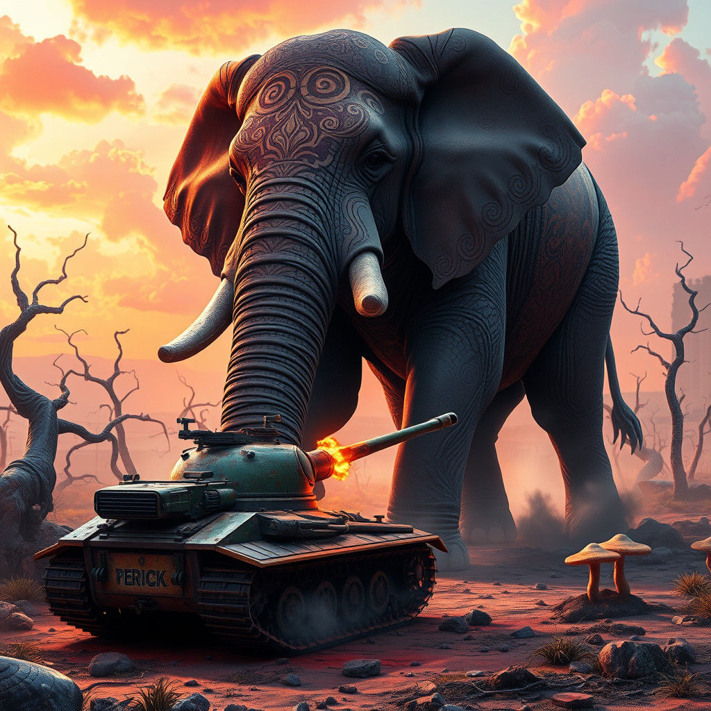 Elephant Crushes Tank in Apocalyptic Landscape