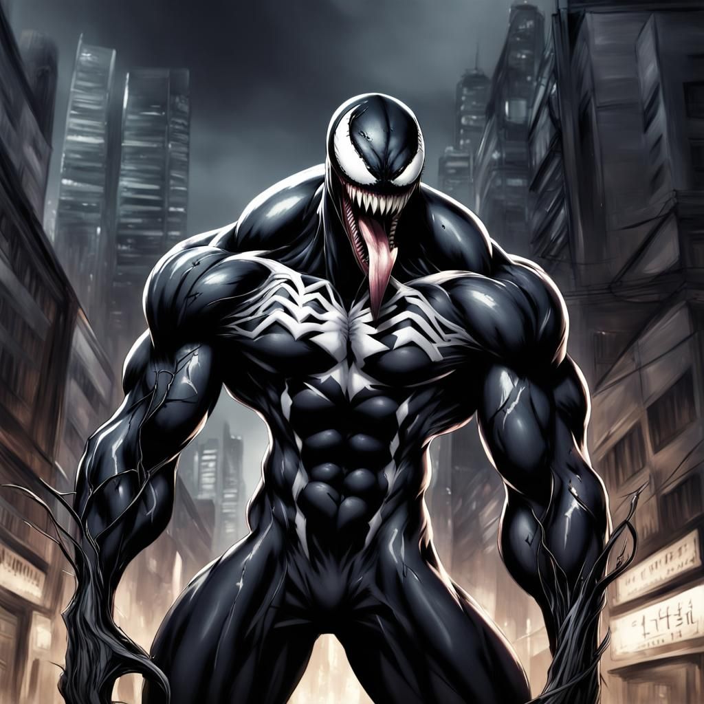 Venom Symbiote with Enraged Grin in Anime Style
