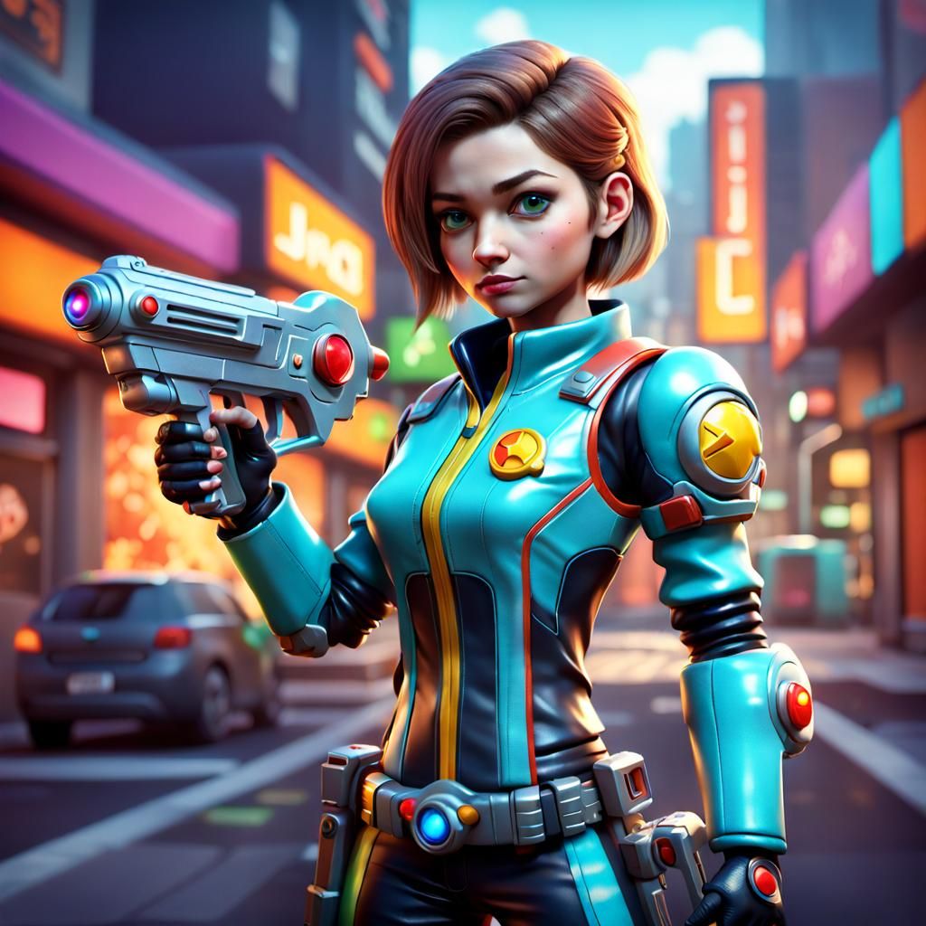 Cute Gamer Girl with Ray Gun: Detailed Character Design
