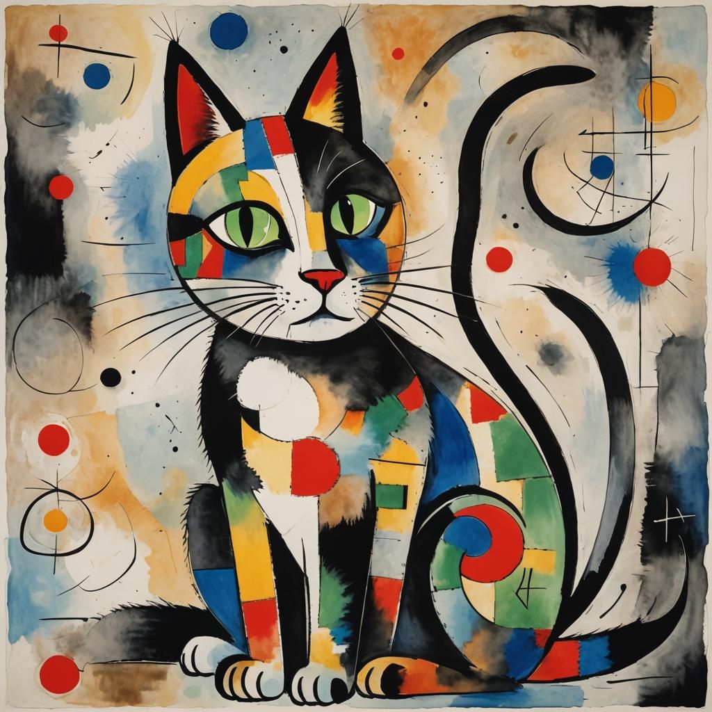 Cubist Cat Painting in Joan Miro Style