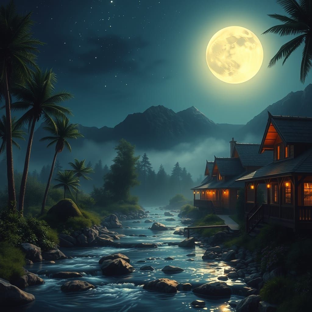 Ethereal Fantasy Night Landscape with Moonlit Village