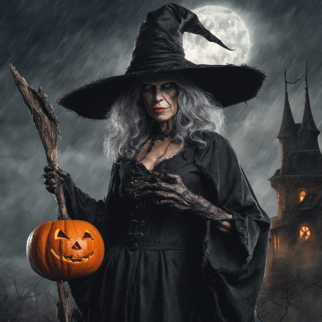 Cinematic Witch with Jack O'Lantern in Transylvania
