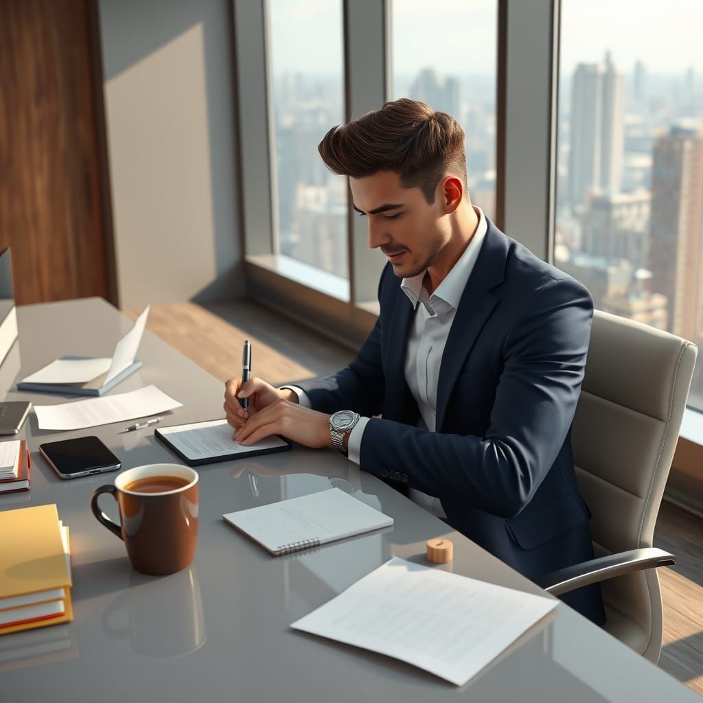 Sleek Businessman Focused on Work in Modern Office