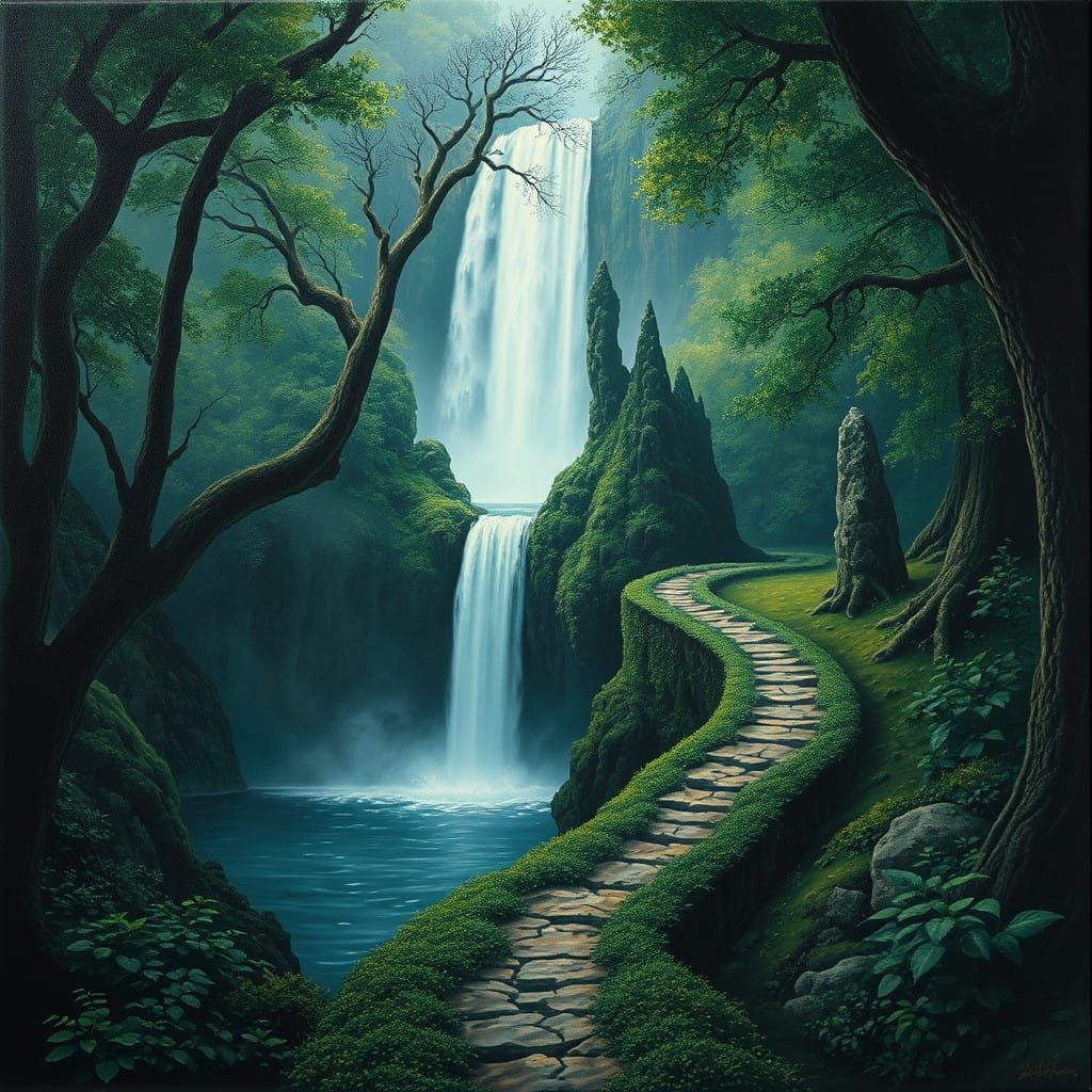 Dreamlike Waterfall in a Surreal Forest Landscape