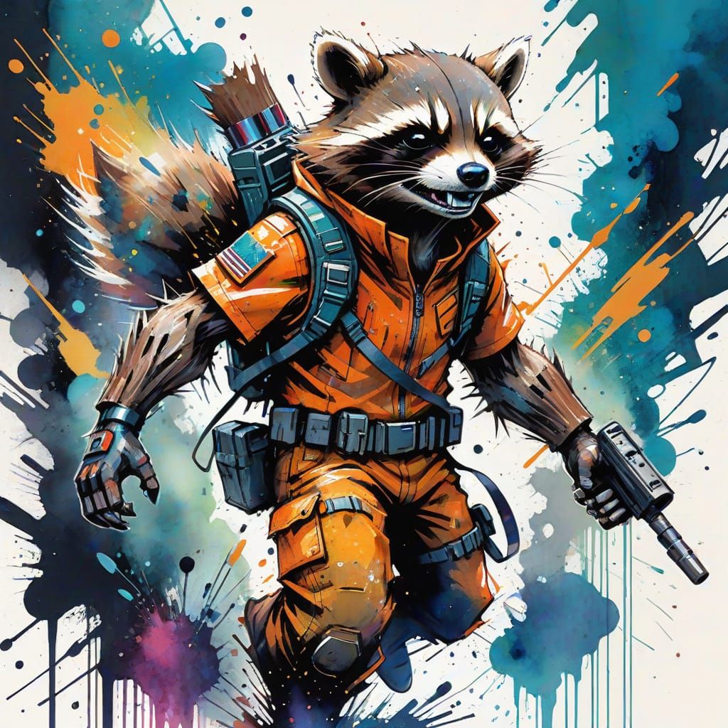 Rocket Raccoon in Chaotic Watercolor Style