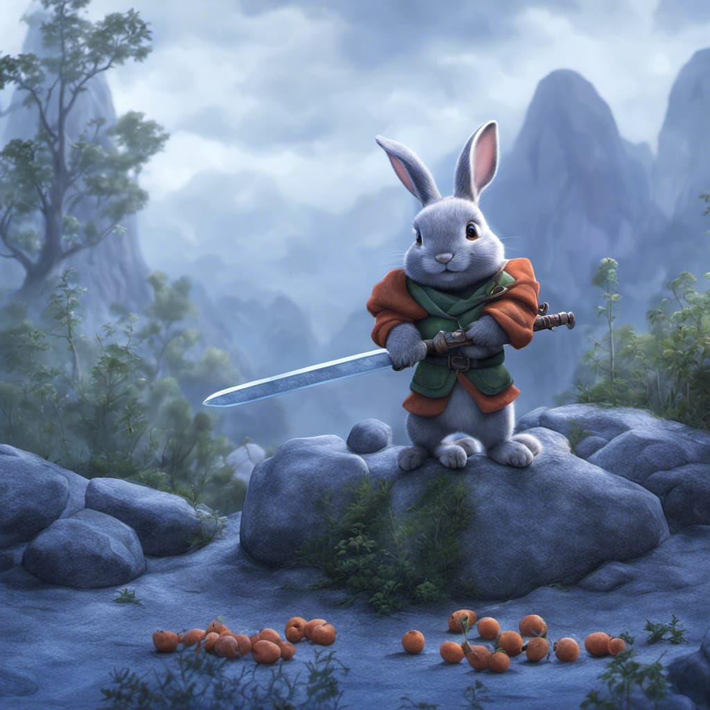 Cute Rabbit with Carrot Sword: Pencil Sketch