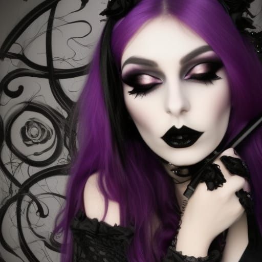 Black belladonna Gothic young lady with jet black hair& purple eyes& smoky black eyeshadow& smoky black eyeliner& Black ...