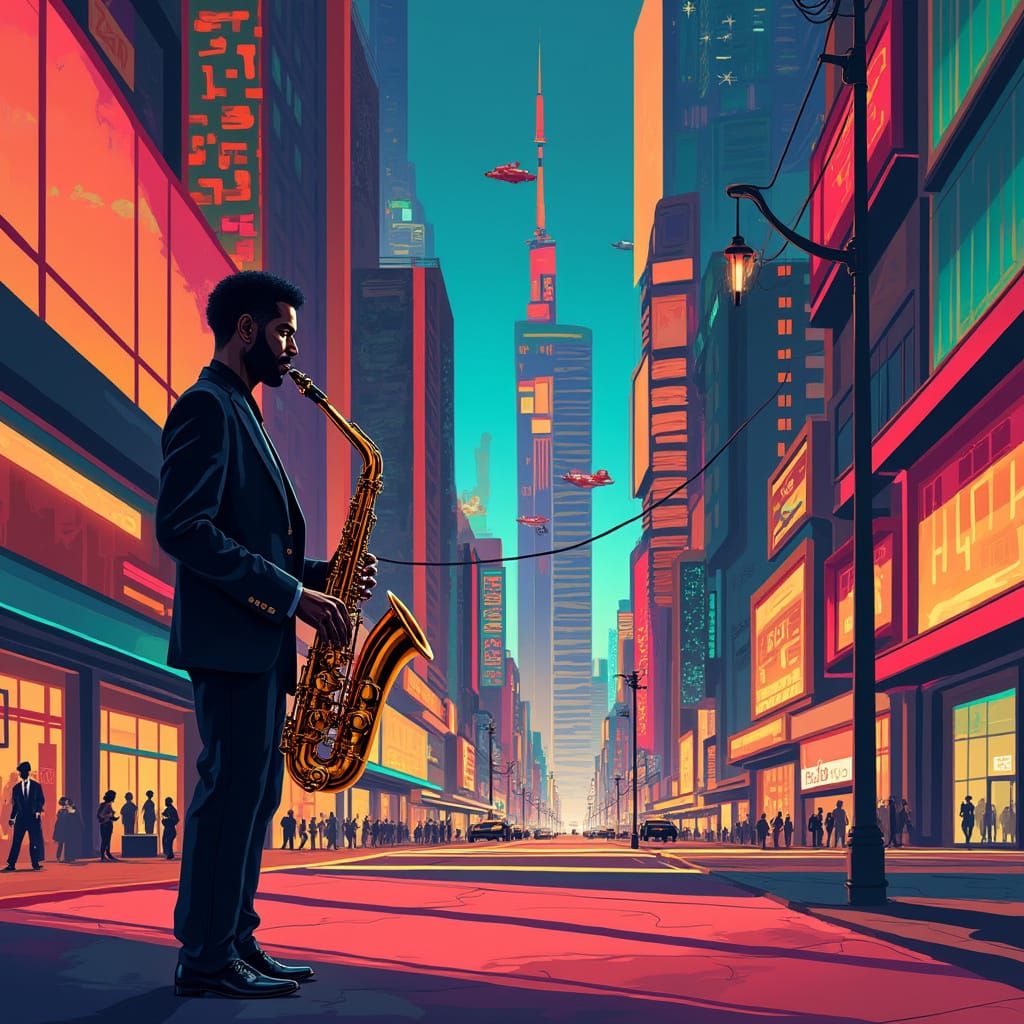 Saxophonist in Neon Futuristic Cityscape, Art Deco Style