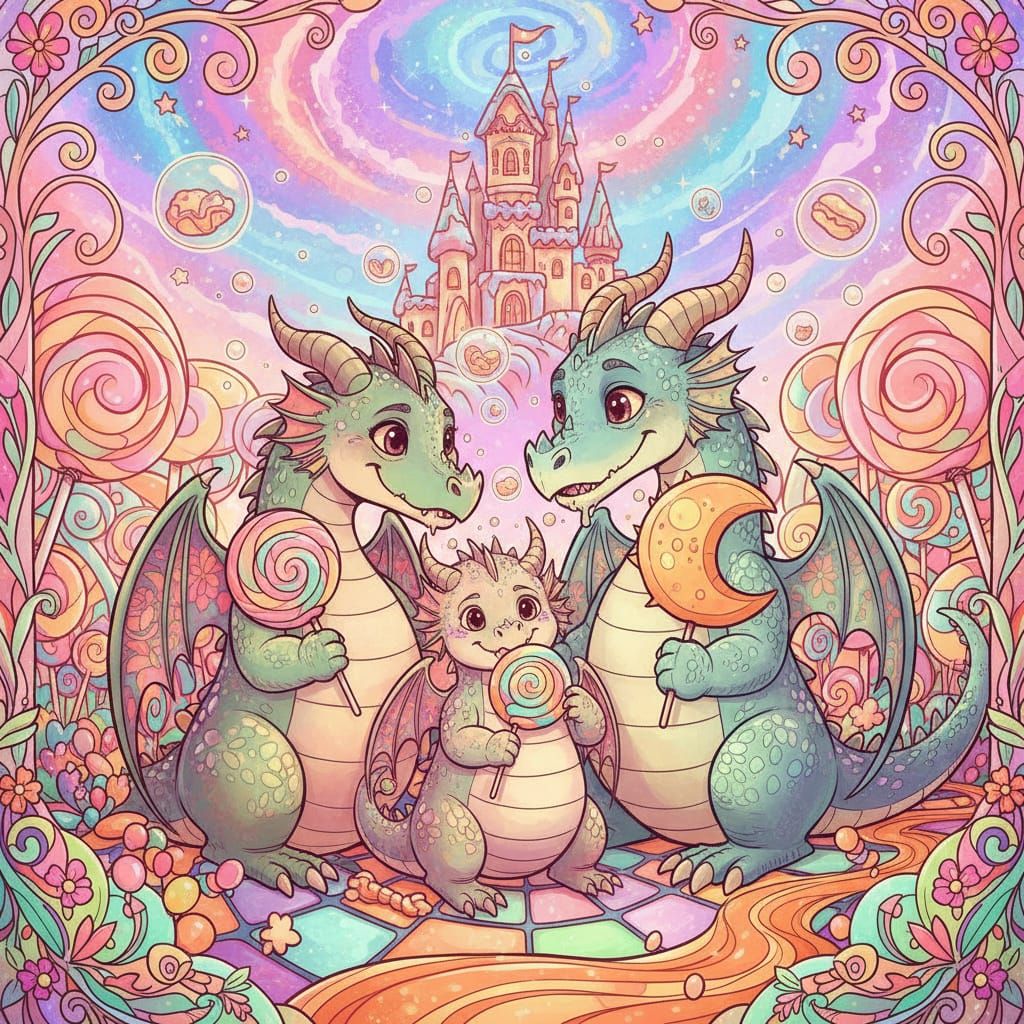 Cute Dragon Family Enjoying Colorful Lollies