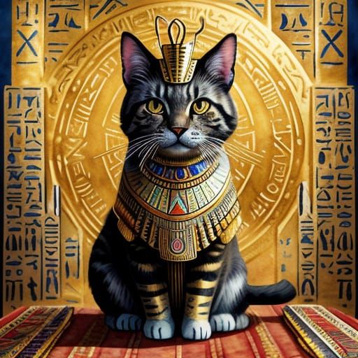 Egyptian Cat on Throne in Watercolor Style