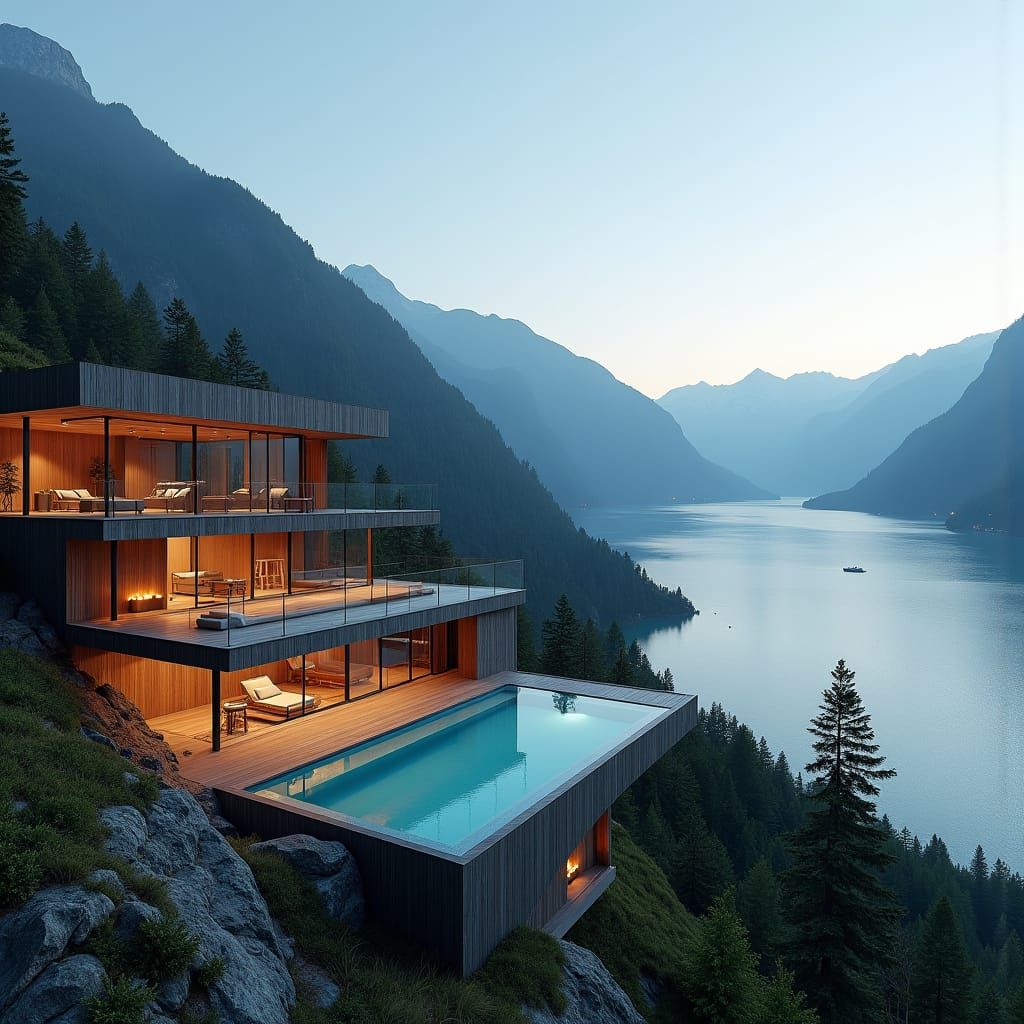 Luxury High-Rise Hotel with Rooftop Pool and Mountain View