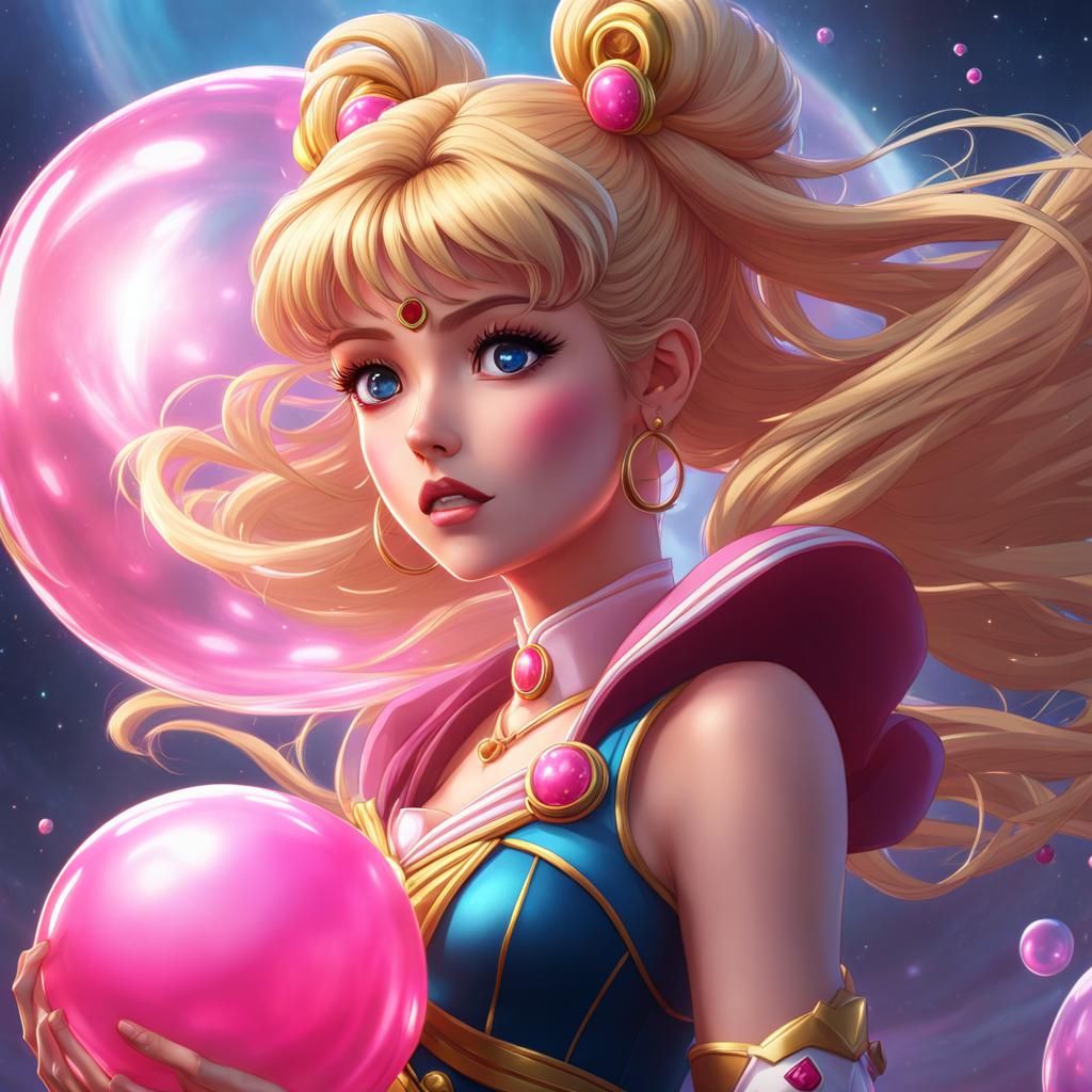 Sailor Moon Anime Girl Blowing Bubble Gum