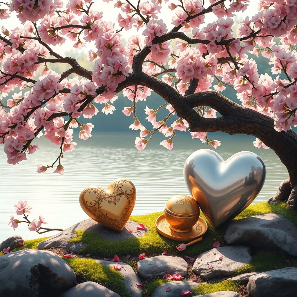 Romantic Woodland Scene with Golden and Silver Hearts