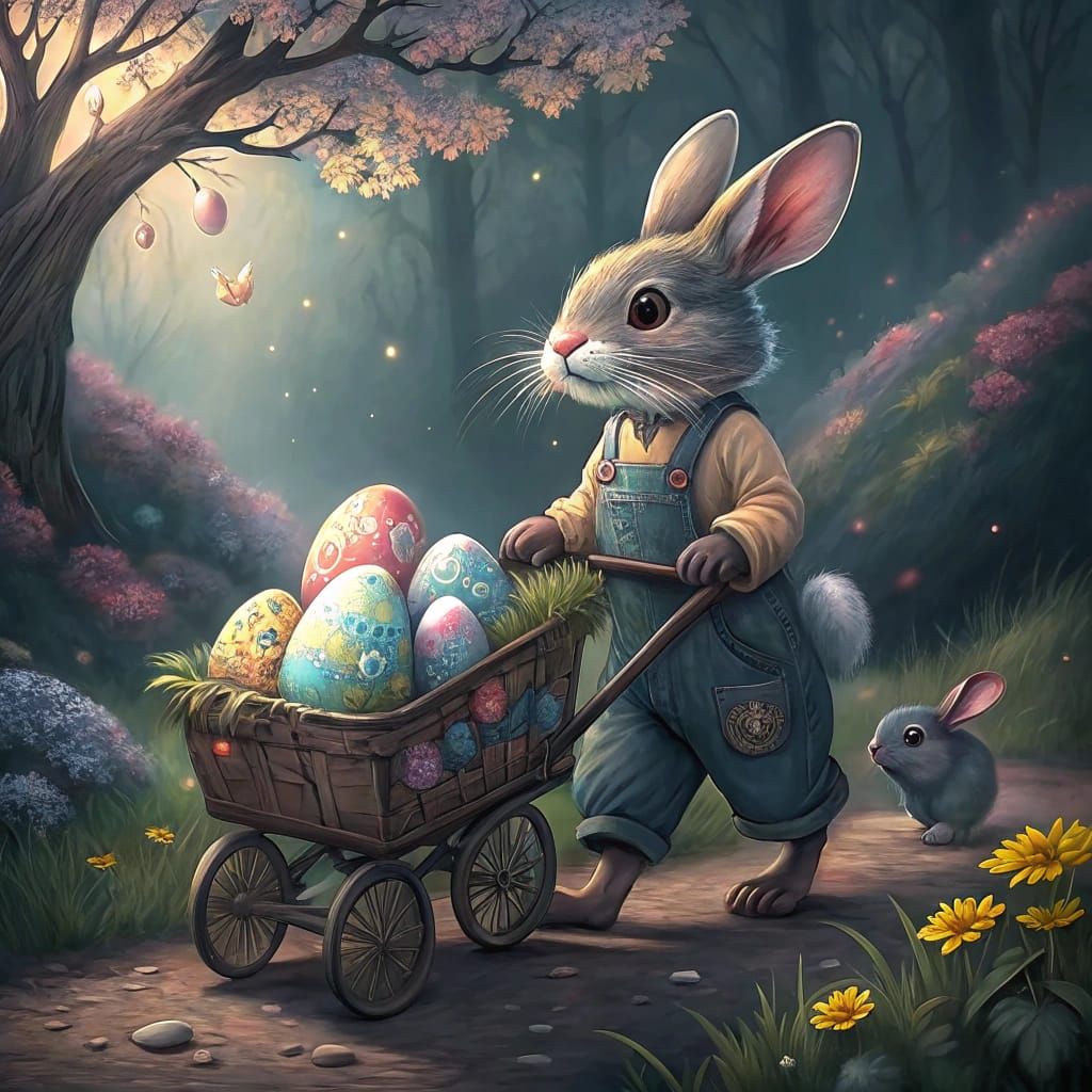 Painting of bunnies delivering eggs