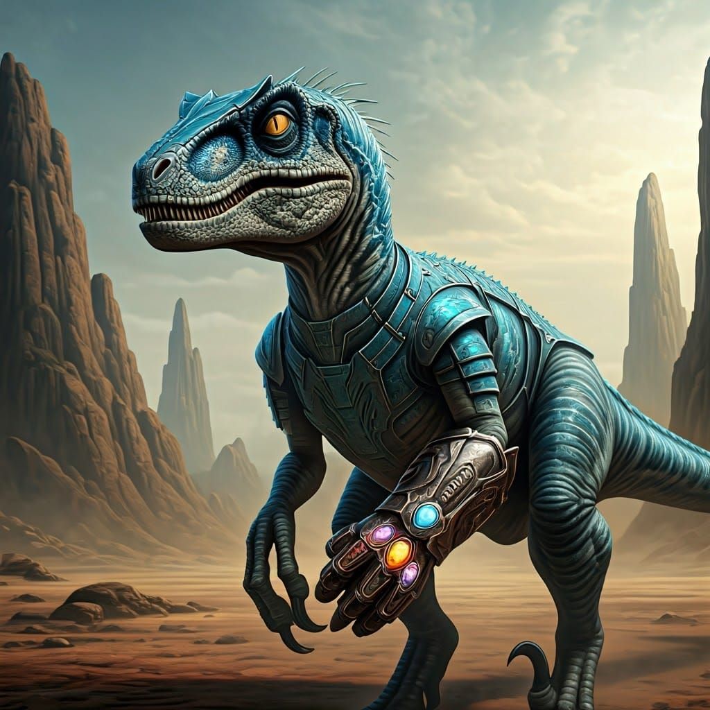 Realistic Cybernetic Velociraptor with Infinity Gauntlet