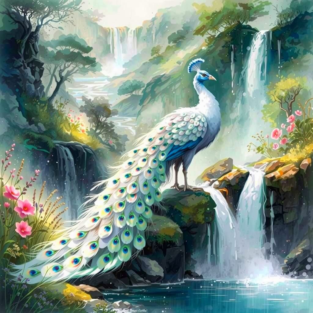 White Peacock in Watercolor Summerscape