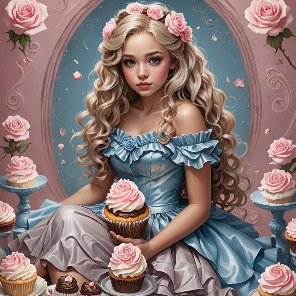 Girl on Cupcake with Roses, as Digital Art