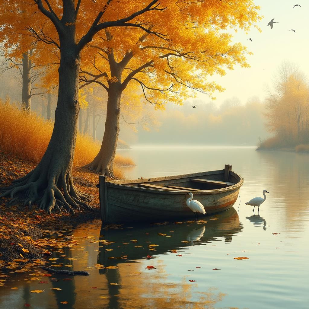 Autumn Lakeshore Scene in Warm Light