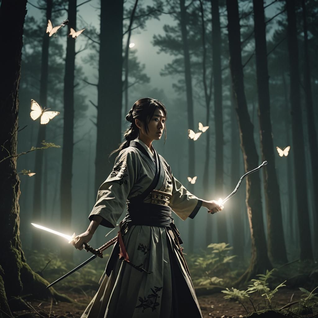 Ethereal Warrior in Moonlit Forest: Cinematic Film Still