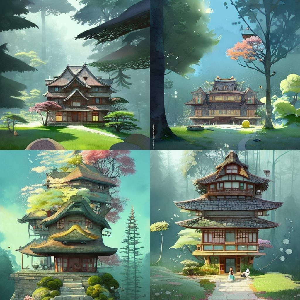 Whimsical Stone Mansion in Forest, Watercolor Storybook Styl...