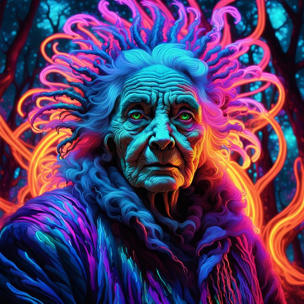 Neon Lady in Bioluminescent Jungle