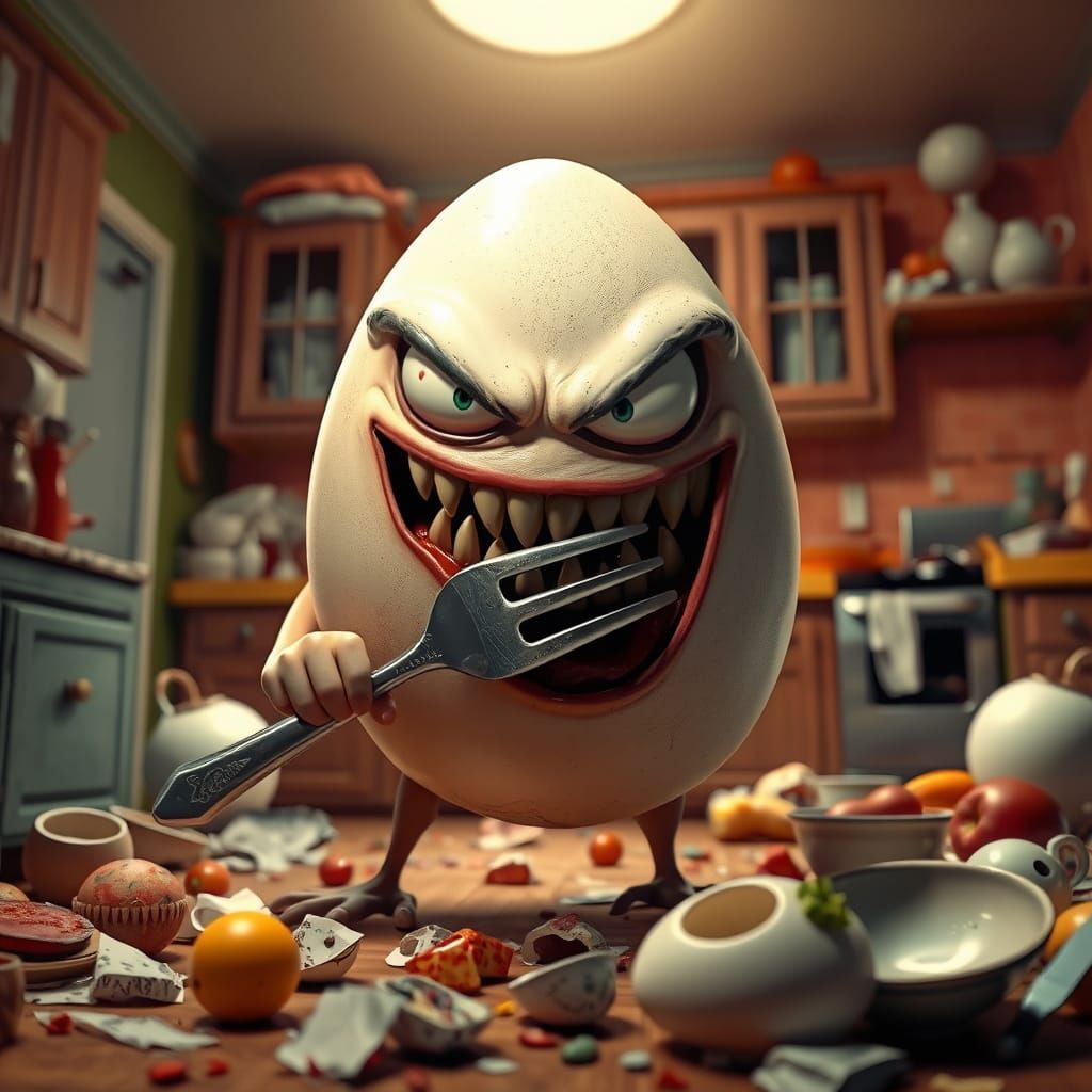 Cartoon Evil Egg Cornering Human in Kitchen