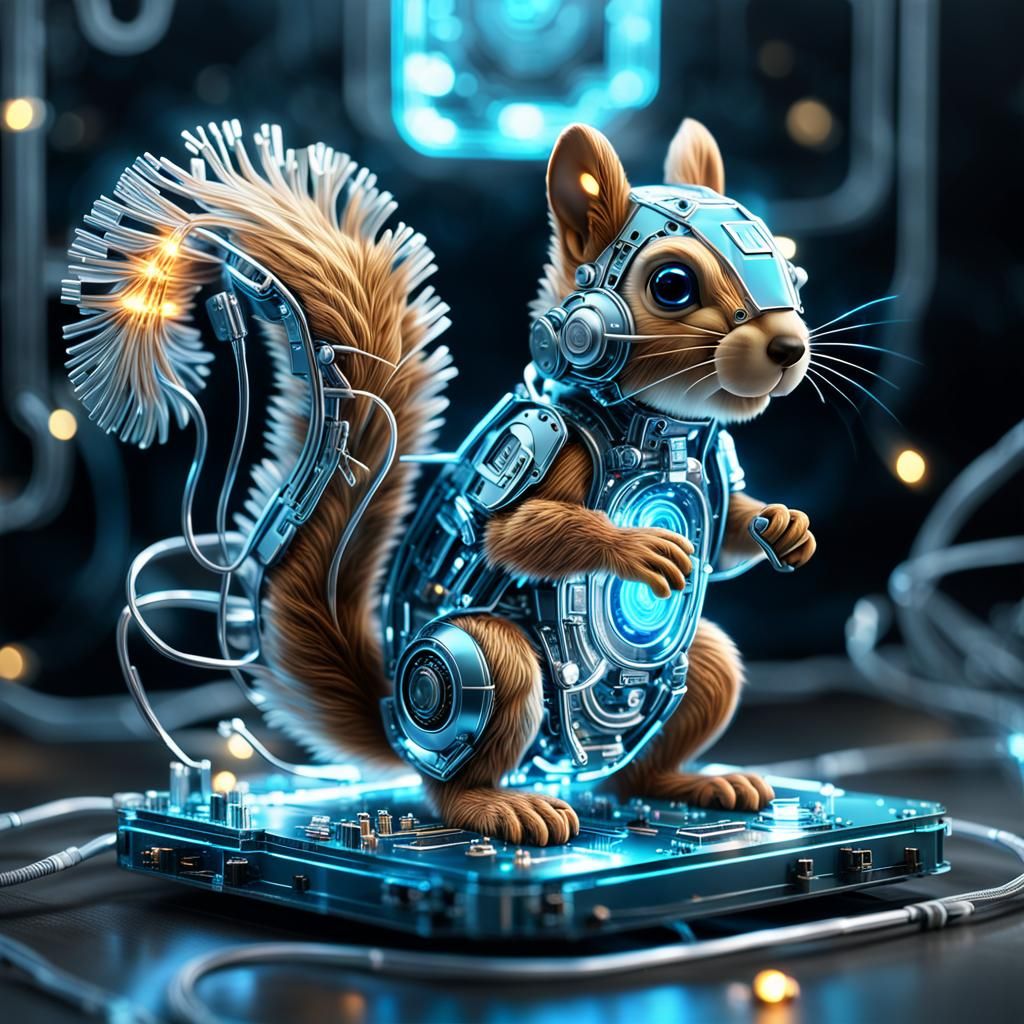 Cute Chibi Squirrel with Glowing Circuit Board