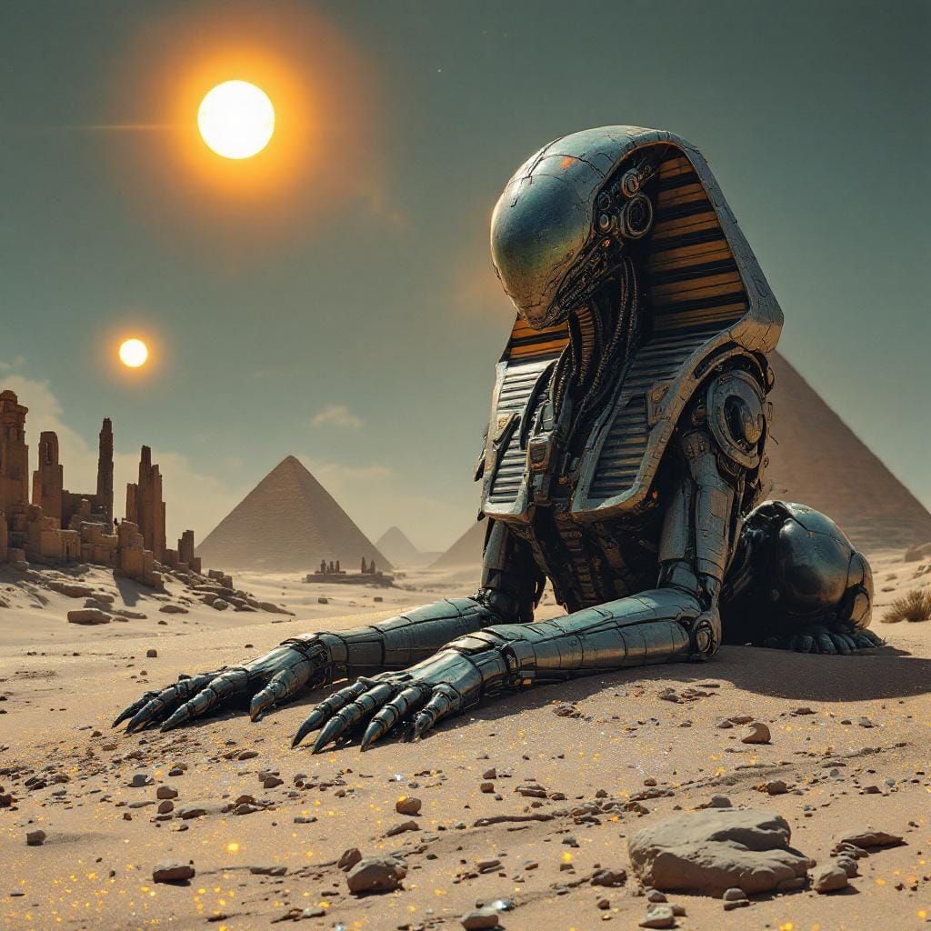 Biomechanical Alien Sphinx on Iridescent Dunes