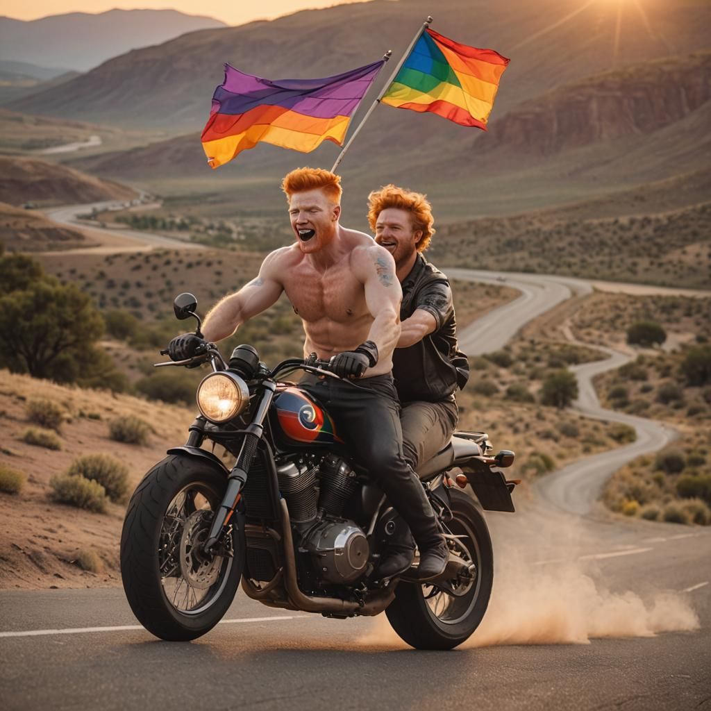 Gay Biker Rides Motorcycle into Sunset with Pride