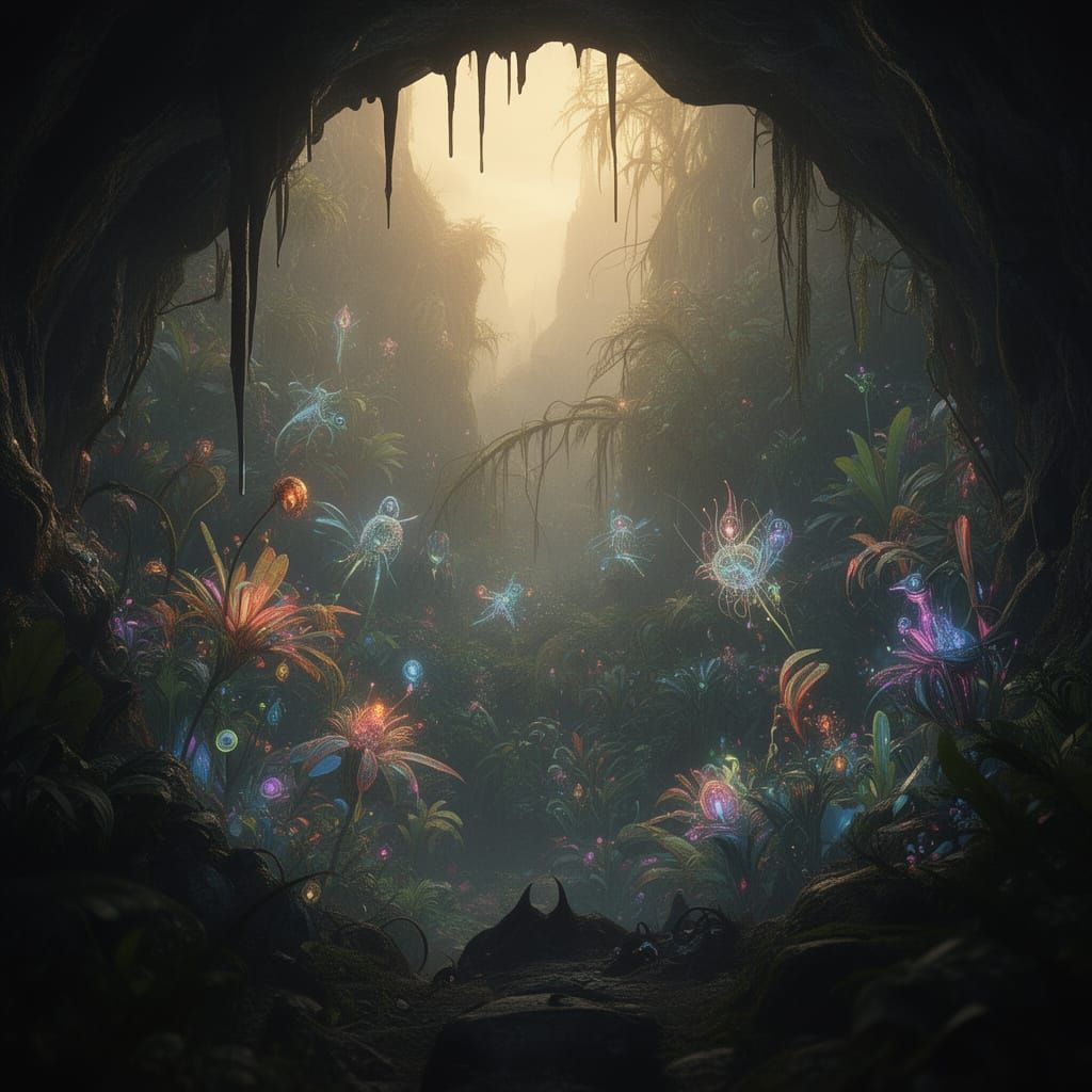 Cave View Into Lush Bioluminescent Jungle World